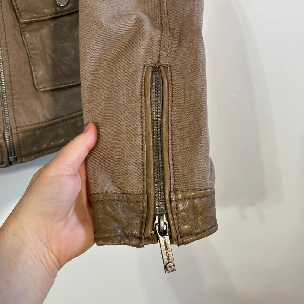 Michael Kors Brown Leather Cotton Moto Jacket Women’s Medium Zippers Pockets